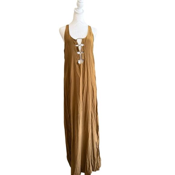 Acacia S Silk Brown Bronze Sardinia Maxi Dress Cut Out Plunge Back Flowy Rare - Picture 11 of 12